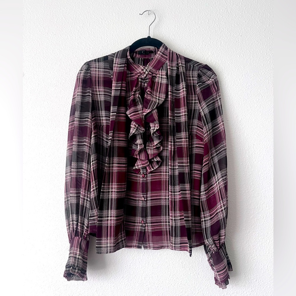 || (SFERA) || RUFFLE BLOUSE || NECK BOW || BURGUNDY PLAD ||